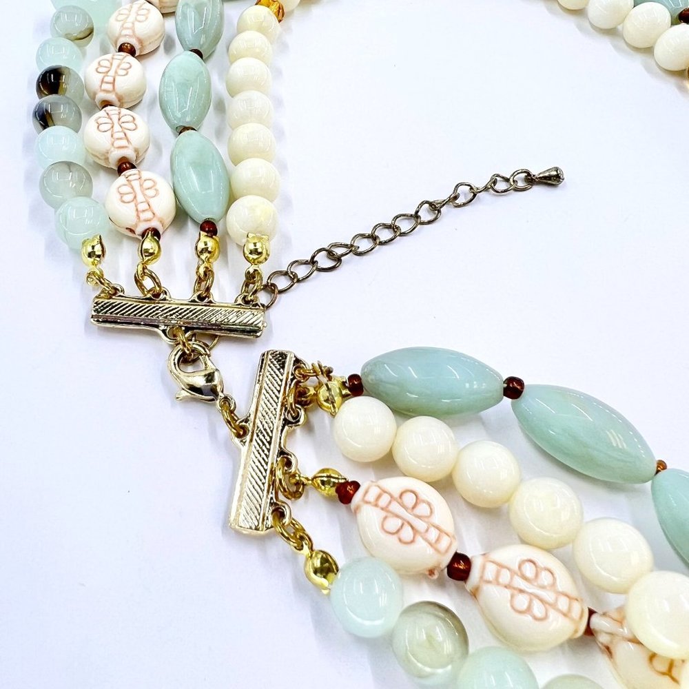 NWOT - Multi Strand Cream & Green Faux Jade 14” Choker Gold Tone Necklace - Picture 5 of 6
